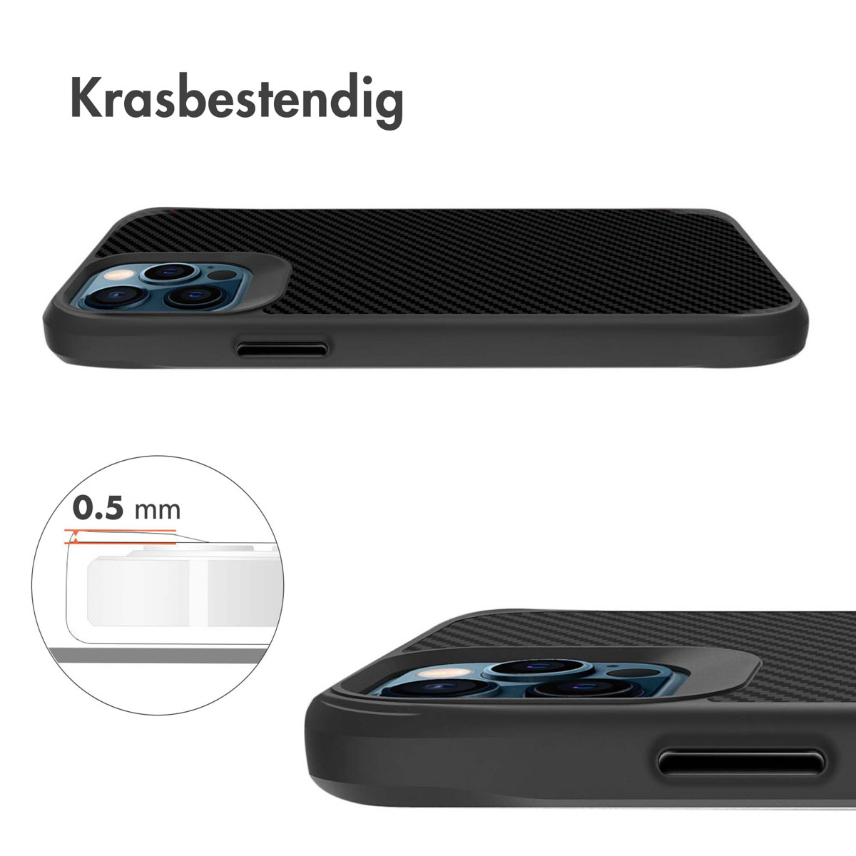 Telefoonhoesje met een zwart koolstofvezel ontwerp. Zijaanzicht toont een detail van 0,5 mm dikte.