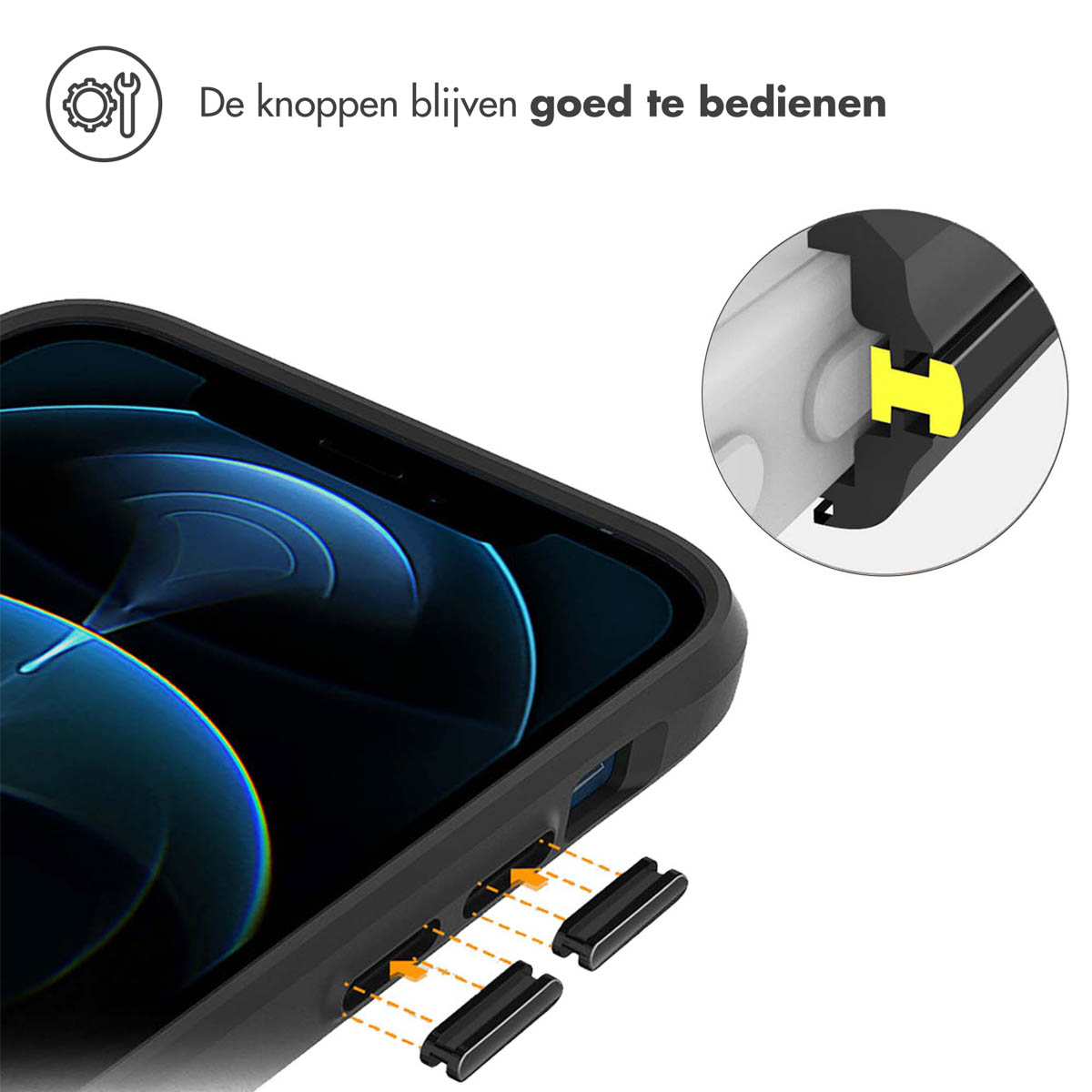 Zwarte telefoonhoes met knoppen en een close-up. Detail op de knoppen, gele accent.