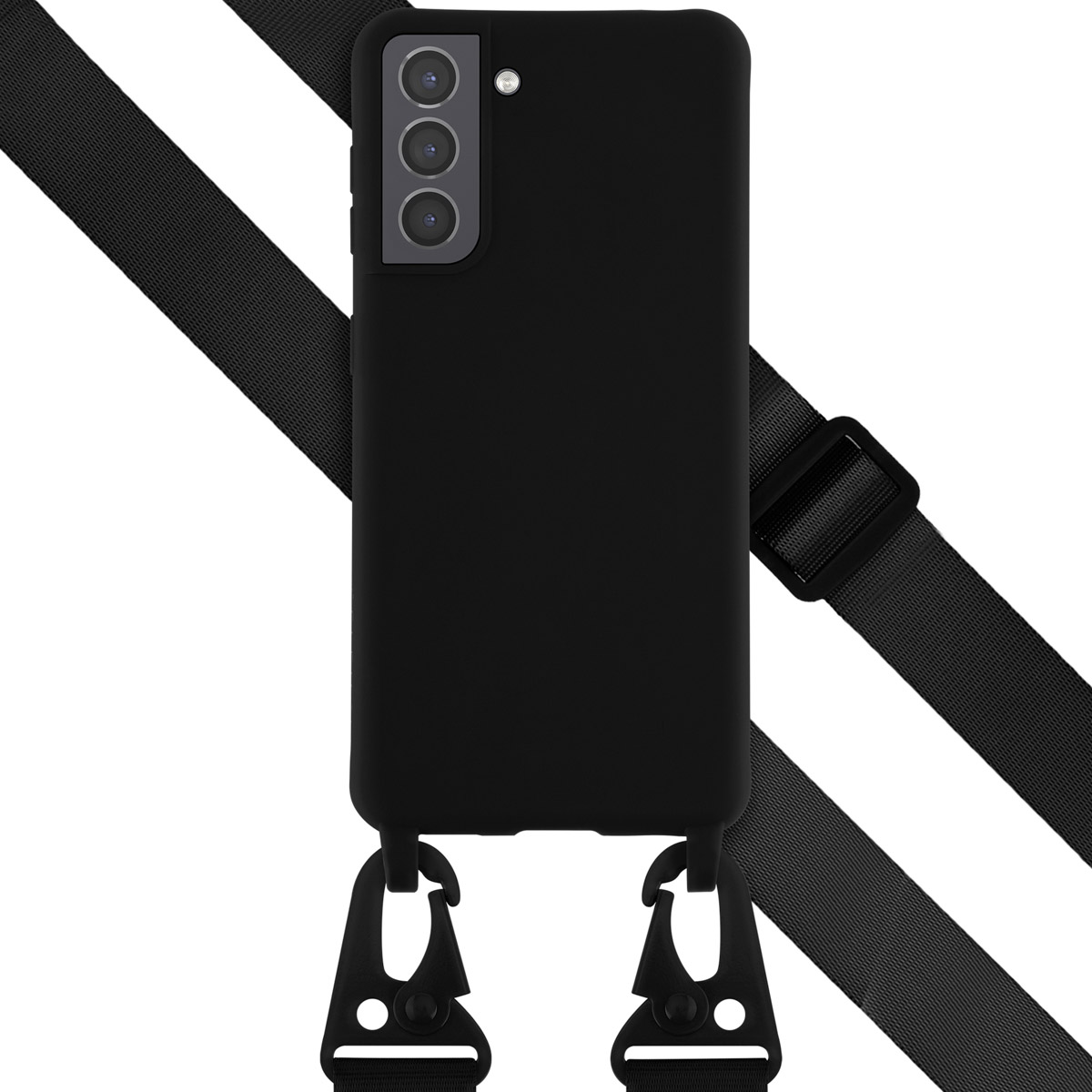 Zwarte telefoonhoes met zwarte bandjes. De hoes heeft een uitsparing voor de camera.