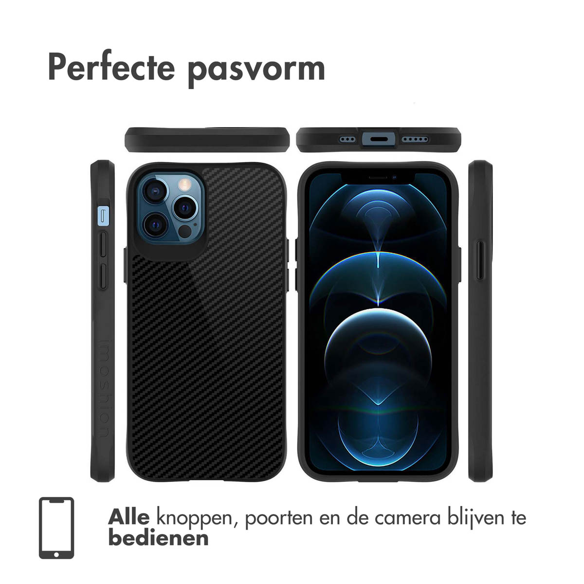 Telefoon en hoesje in verschillende aanzichten. Zwarte telefoonhoes met carbonvezel look.
