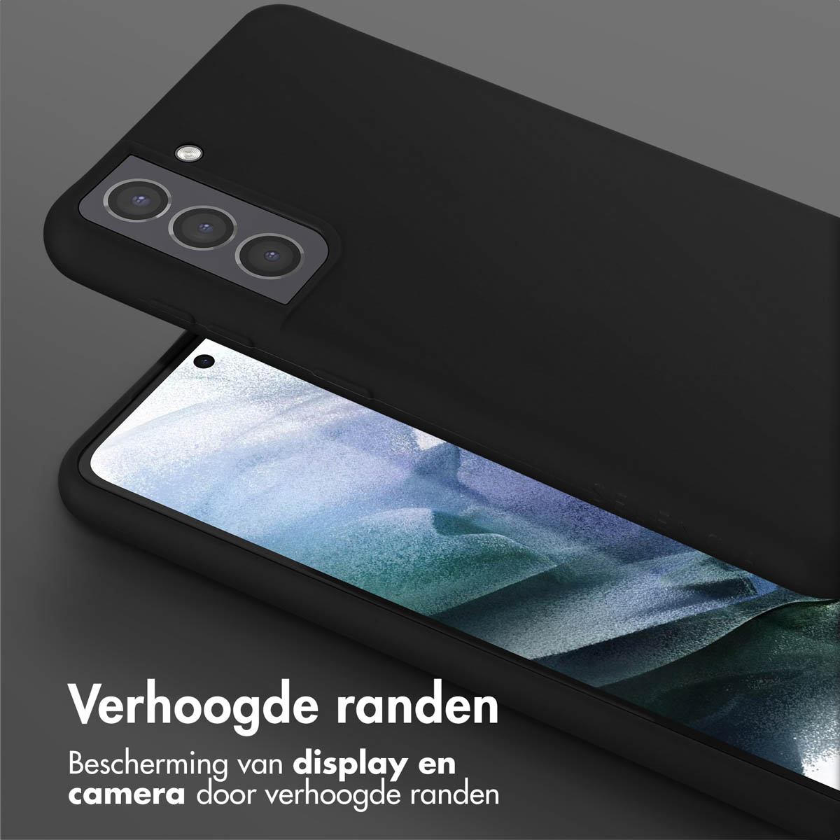 Zwarte telefoonhoes met verhoogde randen. Tekst: 'Verhoogde randen', 'Bescherming van display en camera'.