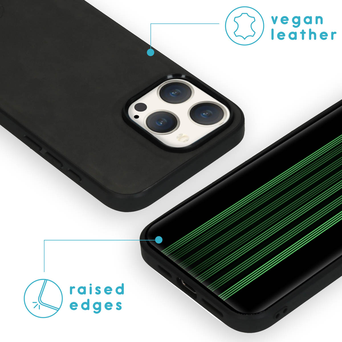 Coque de téléphone noire avec protection caméra et lignes vertes sur l'écran.