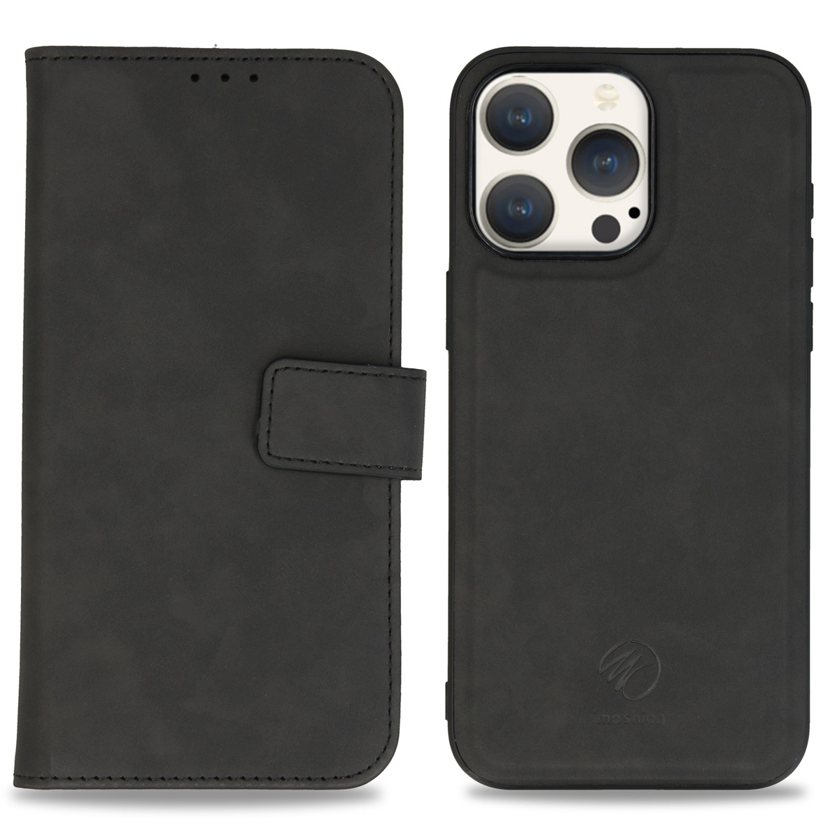 Étui de téléphone en cuir noir, style portefeuille, avec fermeture magnétique. Le téléphone est visible à droite avec des objectifs.