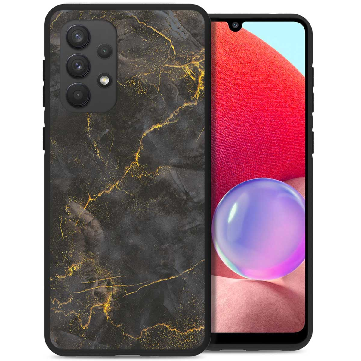 Coque de téléphone noire avec motif marbre doré, bord noir. L'écran du téléphone affiche des couleurs rouges et pourpres.