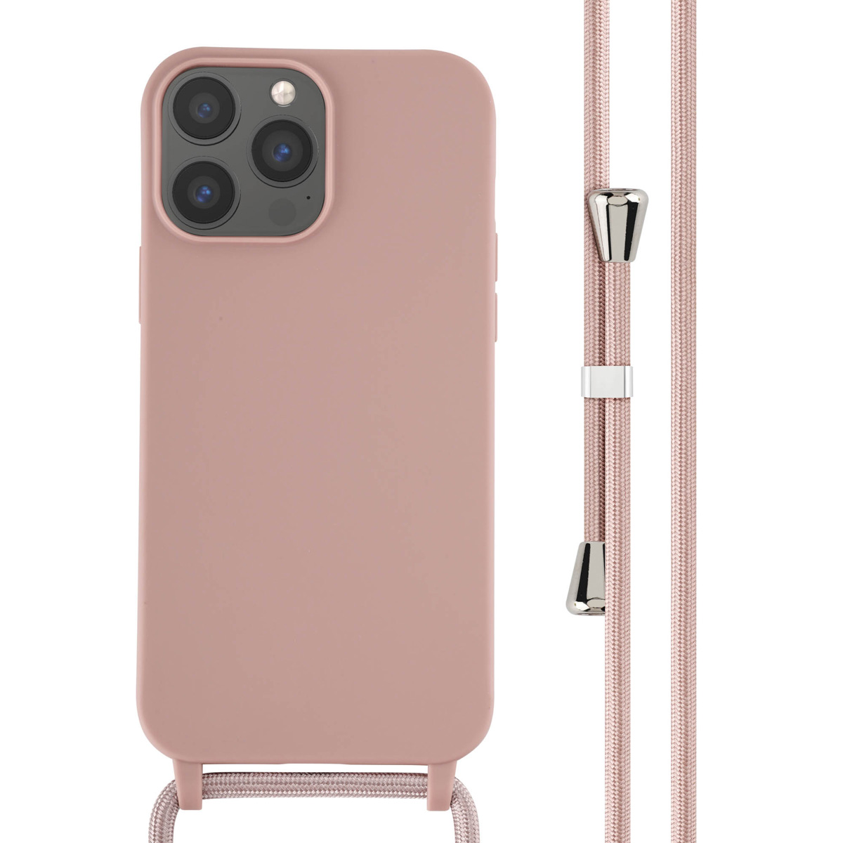 Coque de téléphone rose poussiéreux avec un cordon assorti. La coque a des découpes pour la caméra.