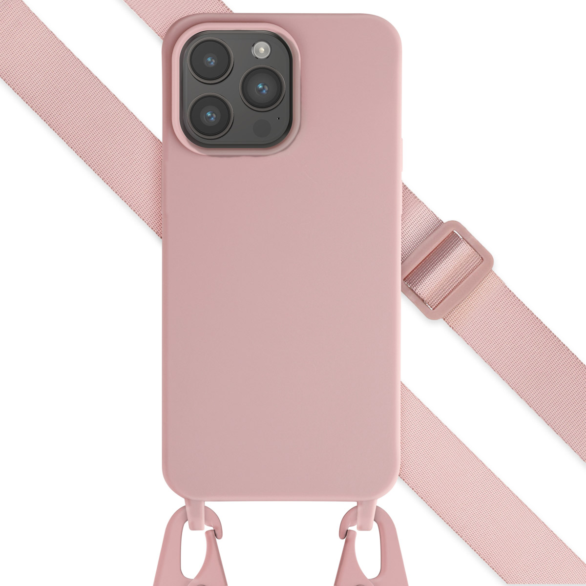 Coque de téléphone rose avec sangle. Le téléphone a une triple caméra. Sangle et boucle roses.
