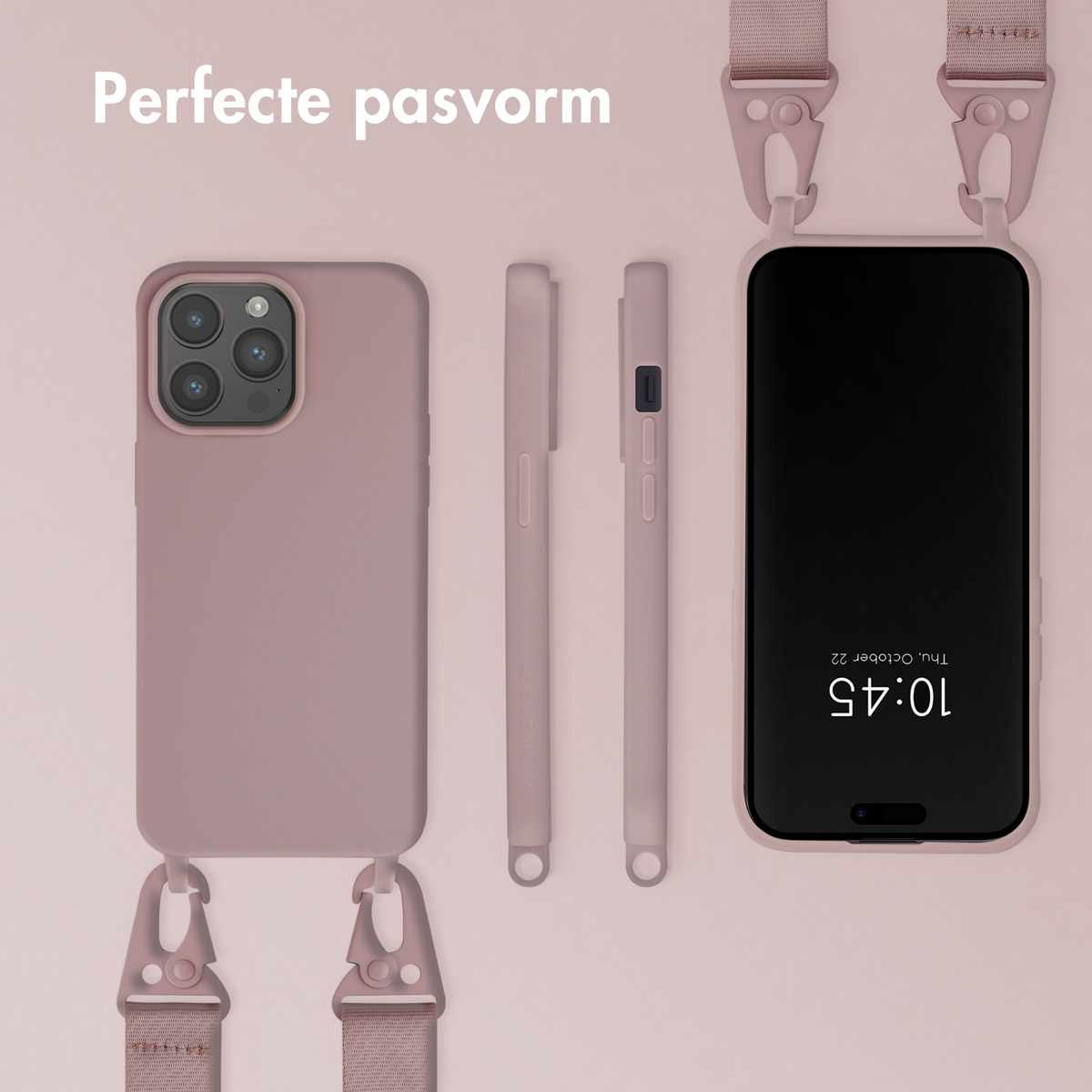 Coque de téléphone rose avec sangle et téléphone. Deux coques de rechange à droite. Le téléphone affiche l'heure 10h45.