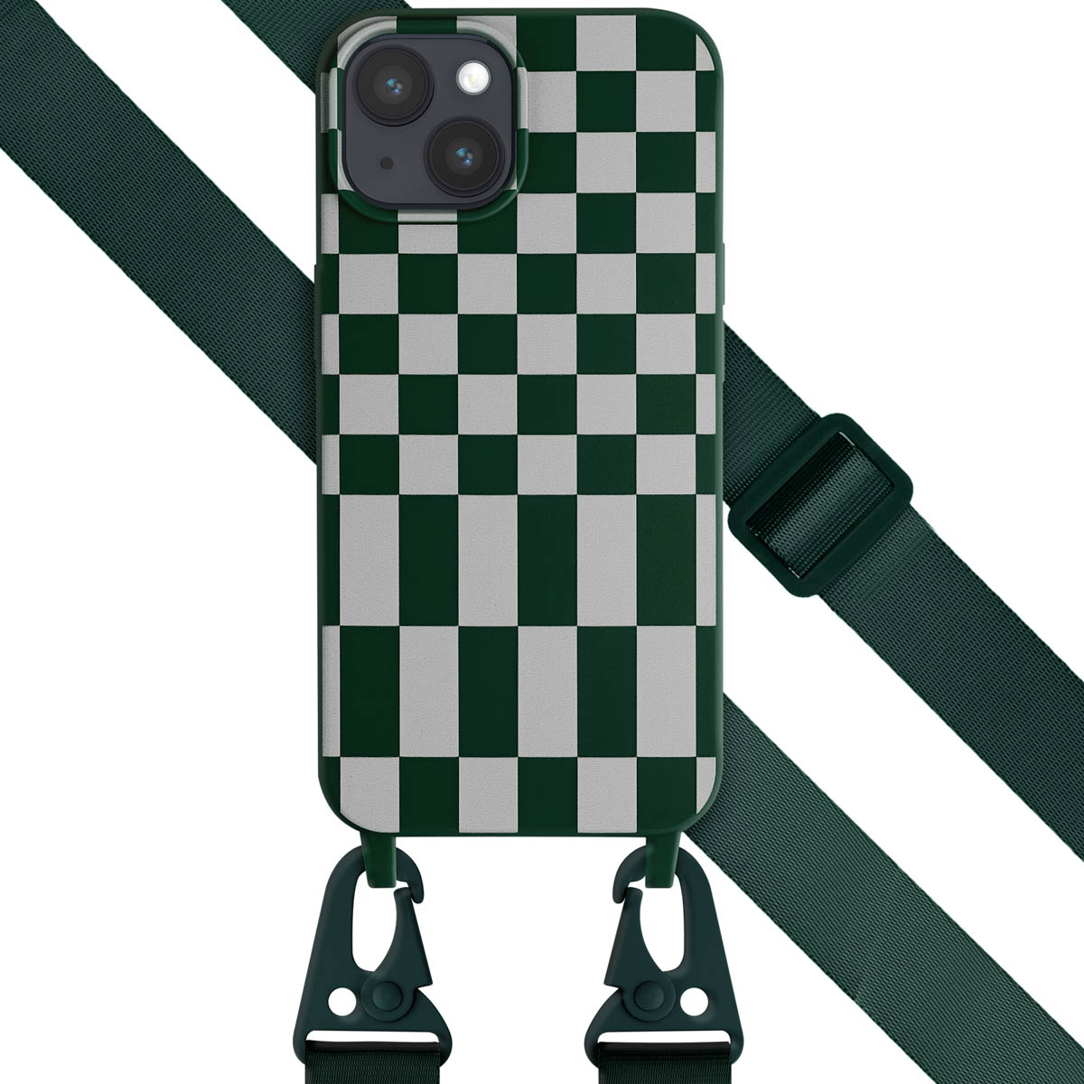 Groen-witte geruite telefoonhoes met groene band en clips, tegen een witte achtergrond.