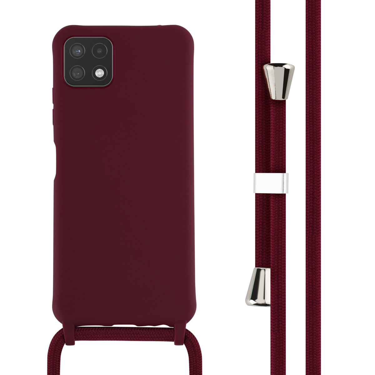 Een bordeauxrode telefoonhoes met bijpassende bordeauxrode band. De band heeft zilverkleurige bevestigingen.