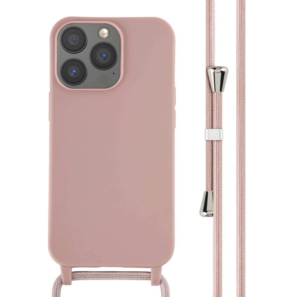 Une coque de téléphone rose avec une sangle rose. La sangle a des attaches argentées.