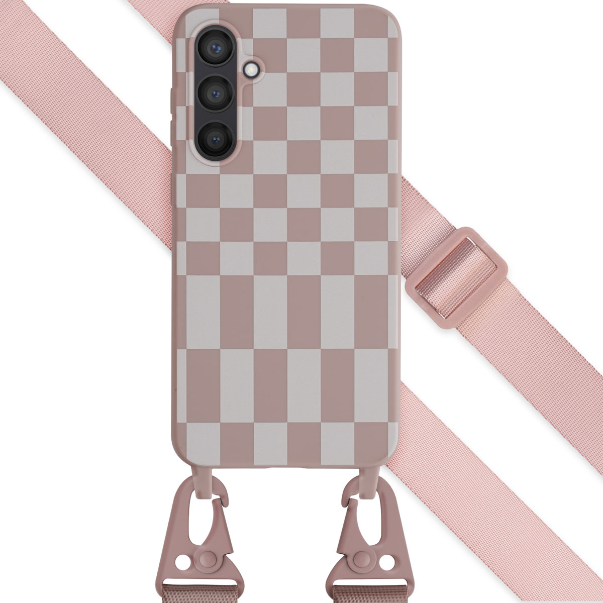 Telefoonhoesje met dambordpatroon, verbonden met een band. Roze tinten.