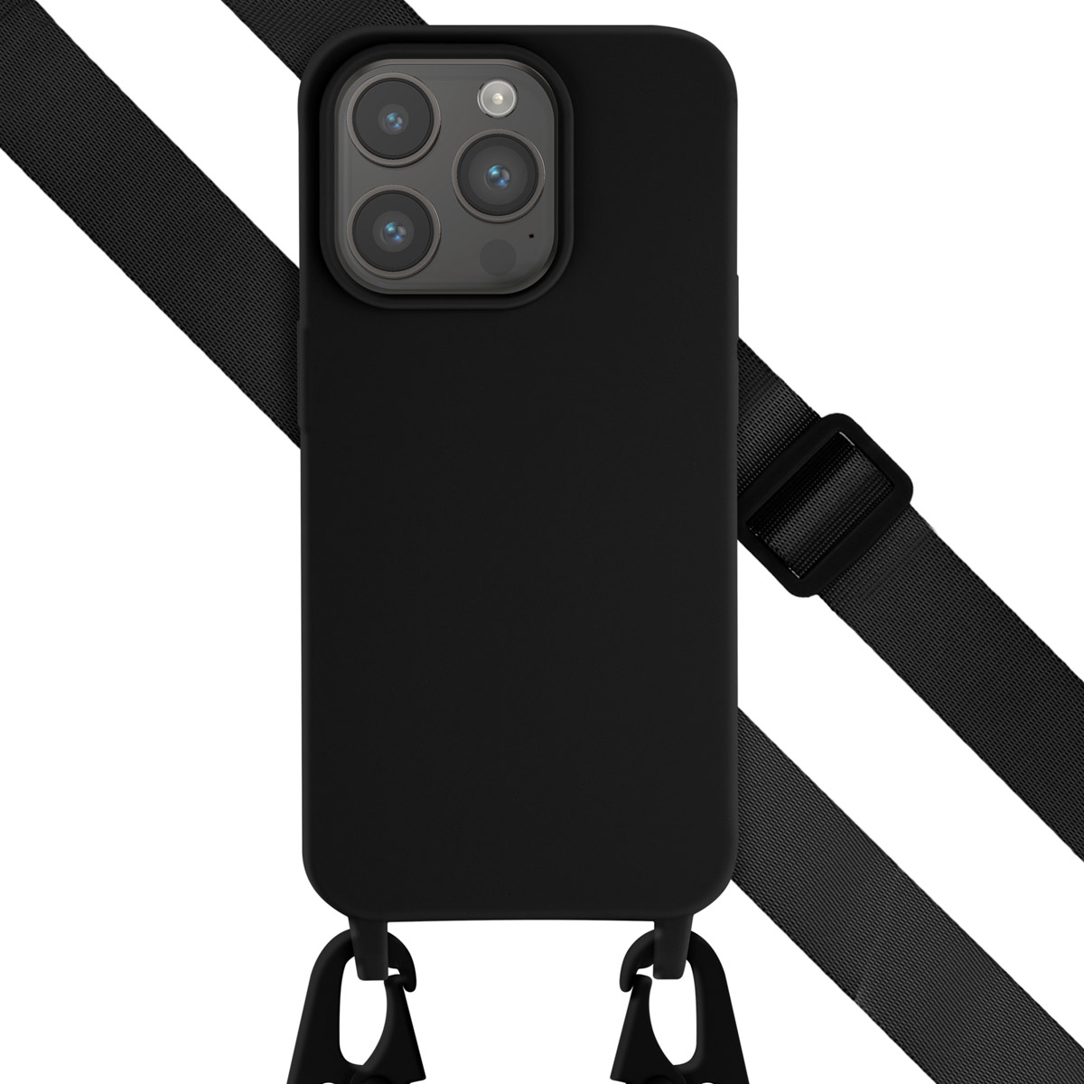 Coque de téléphone noire avec sangle et crochets noirs. La coque a trois caméras.