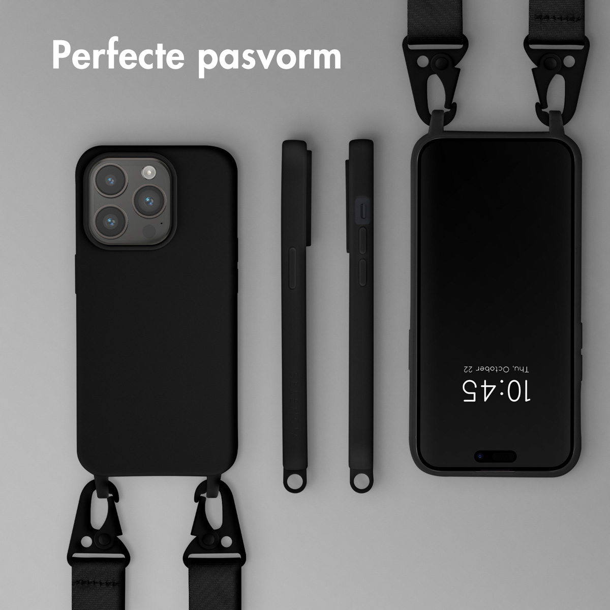 Coque noire pour iPhone avec lanière et deux coques fines à côté.