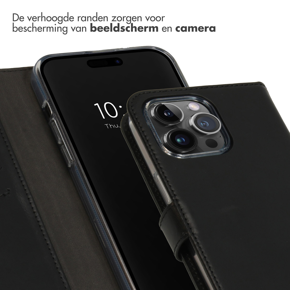 Custodia per telefono nera con telefono all'interno, che mostra lo schermo e una copertura leggermente aperta.