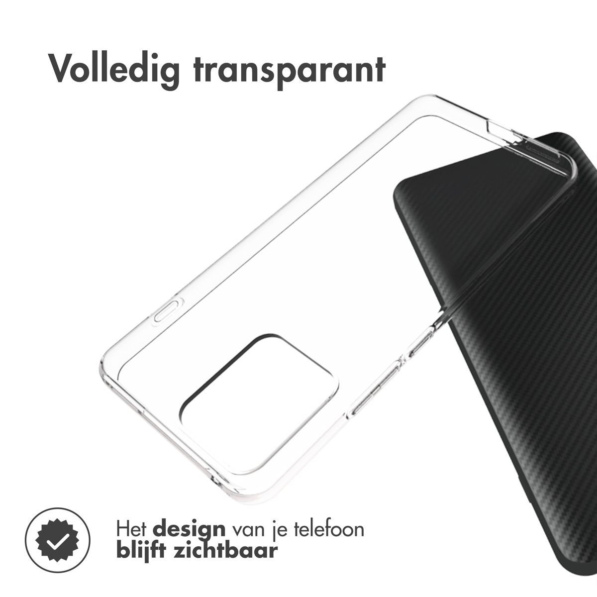 Custodia trasparente per telefono accanto a un telefono nero. La custodia ha un ritaglio per la fotocamera.