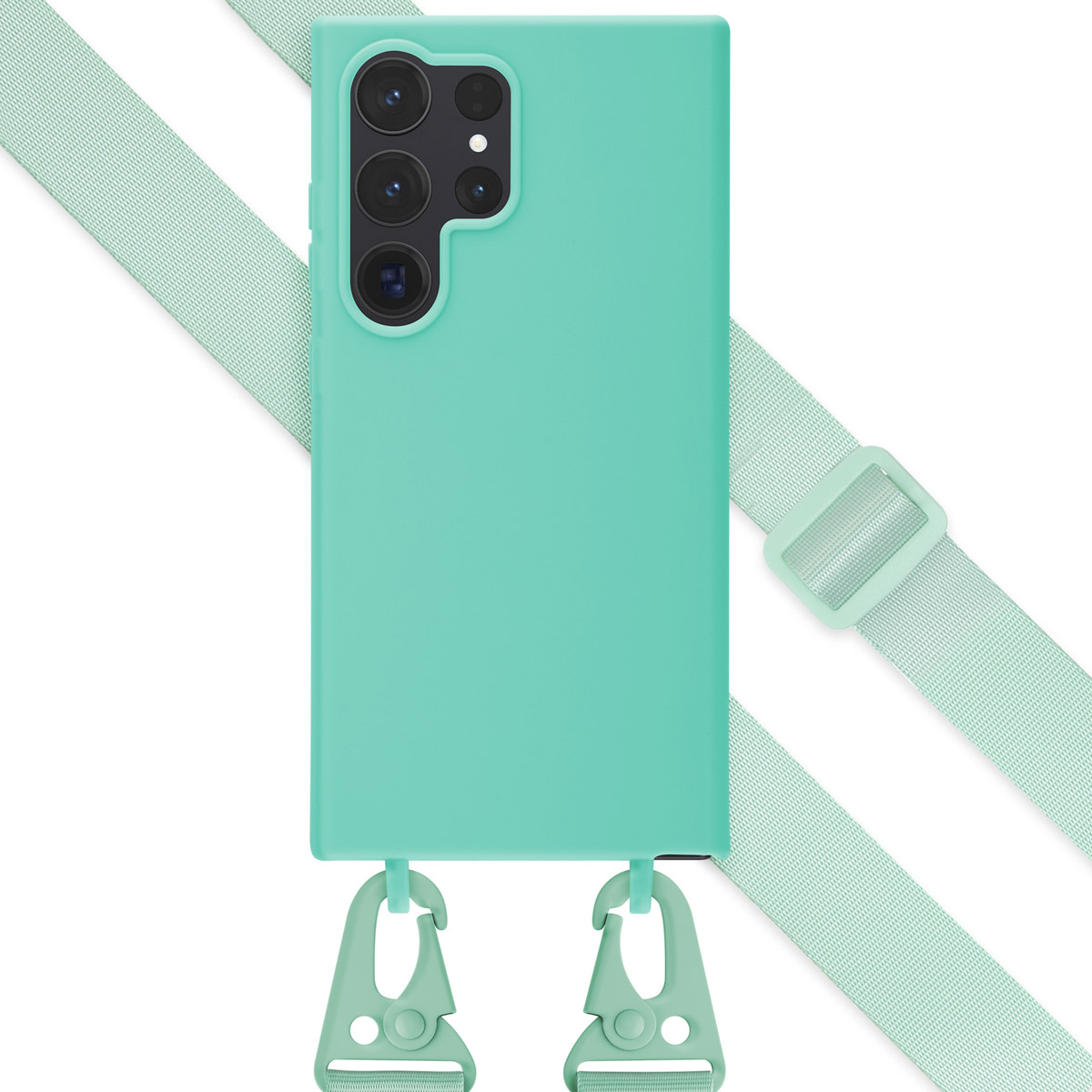 Coque de téléphone turquoise avec ensemble de caméras et sangle et clips assortis, sur fond blanc.