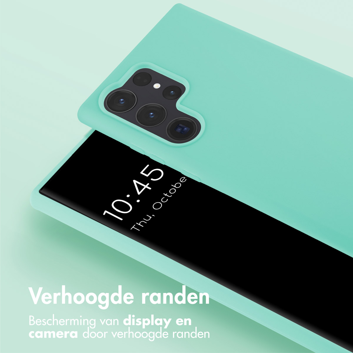 Un étui de téléphone vert menthe avec un écran de téléphone noir. Le texte à l'écran indique 10:45 Jeu, Octobre.