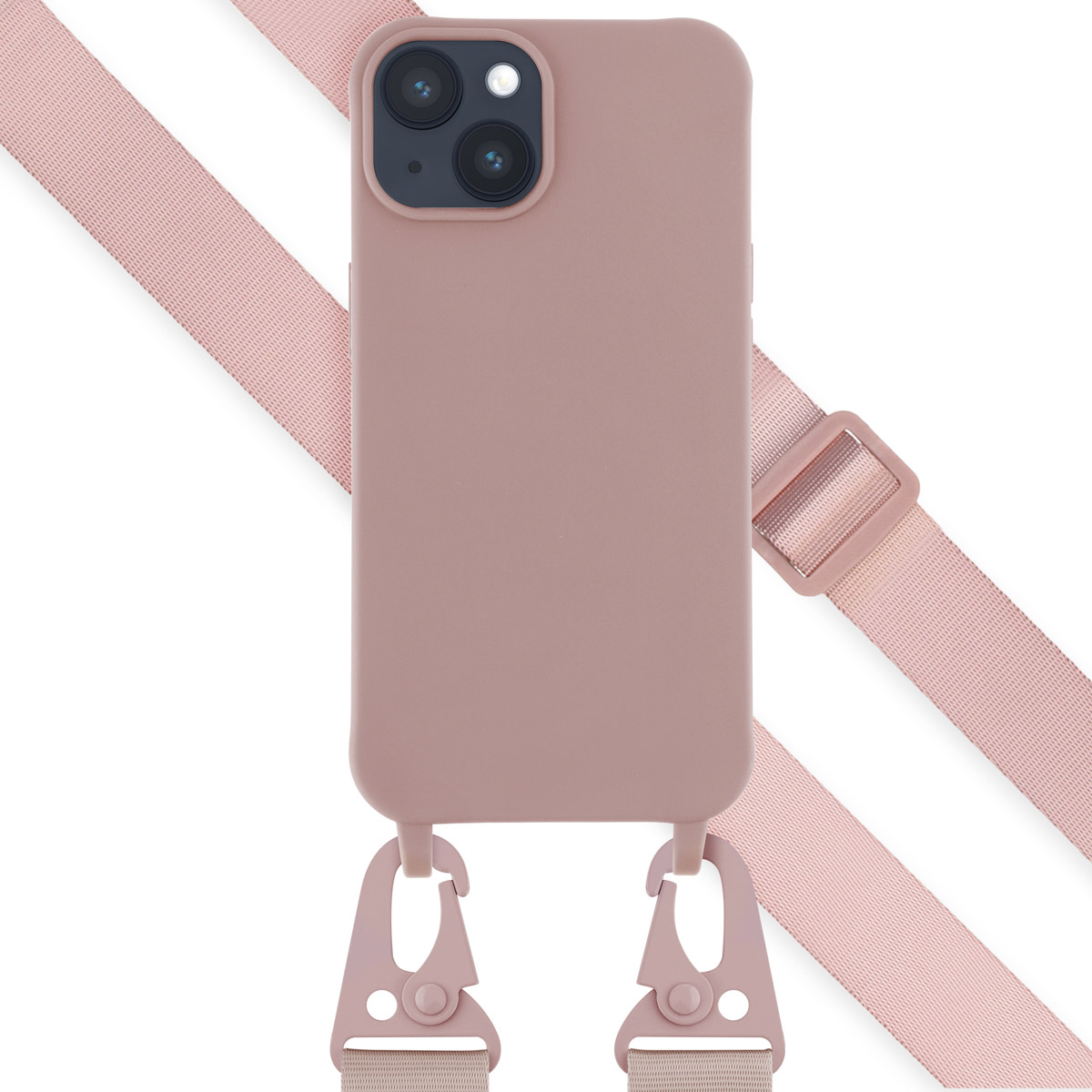 Een roze telefoonhoes met een roze band. De band is met roze clips aan de hoes bevestigd.