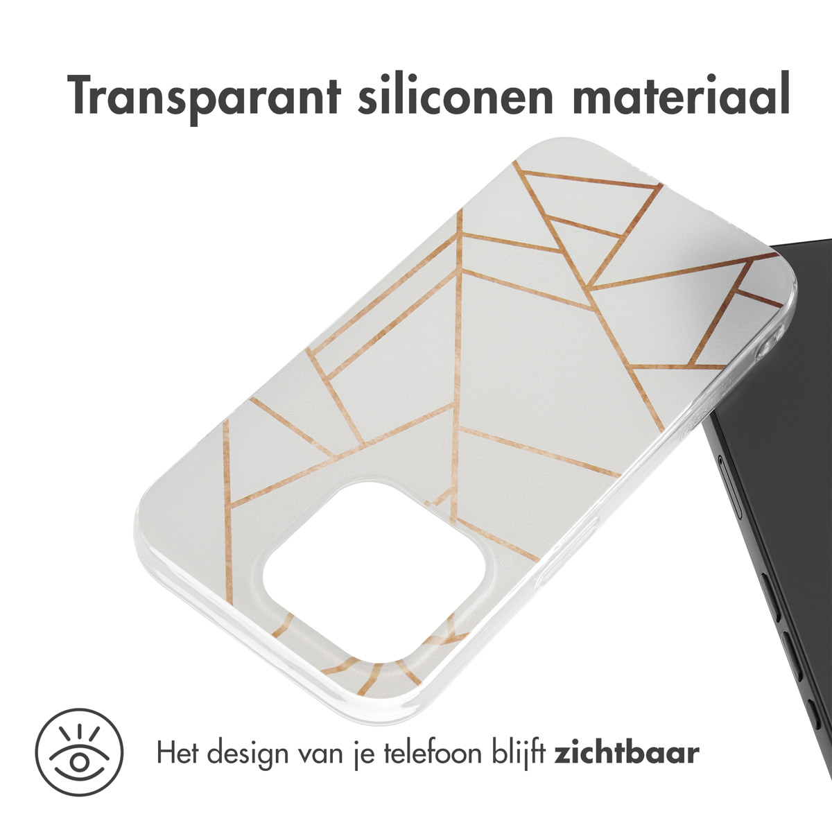 Een doorzichtig telefoonhoesje met een gouden patroon. Het telefoonhoesje zit over een telefoon.
