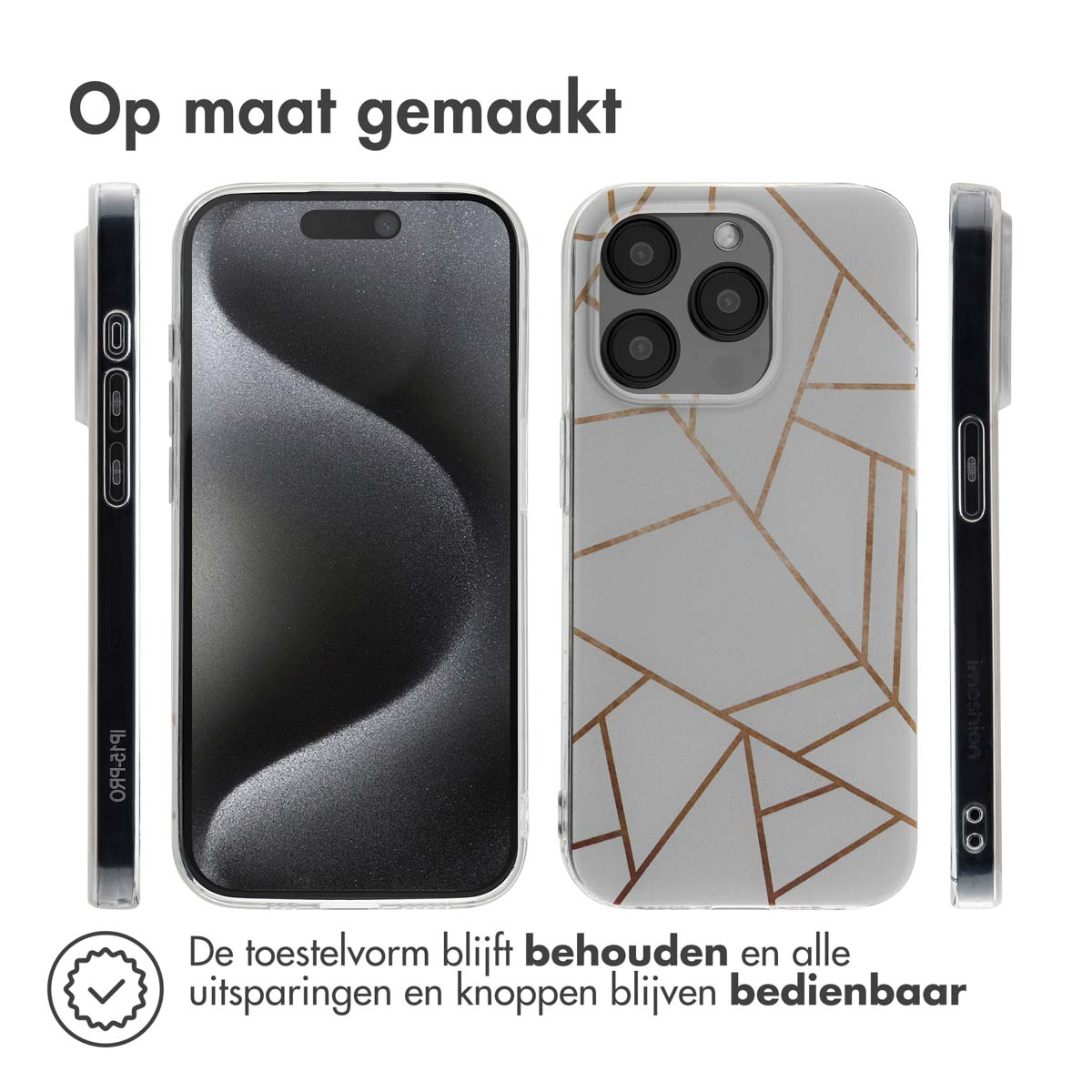 Drie telefoonhoesjes: voor-, achter- en zijaanzicht. De voorkant is zwart, de achterkant wit met gouden lijnen.