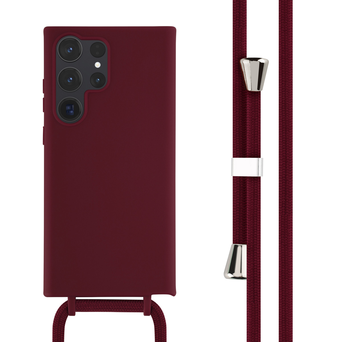 Coque de téléphone bordeaux avec une sangle en corde assortie et des attaches métalliques argentées.