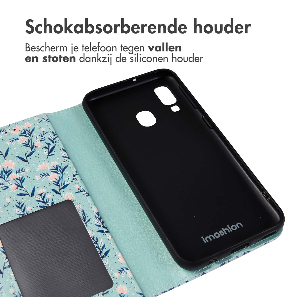 Zwarte telefoonhoes met bloemenpatroon en kaarthouder op lichtgroene achtergrond.