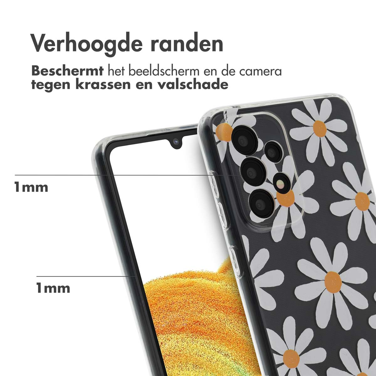Coque de téléphone noire avec marguerites blanches et bords surélevés de 1 mm.