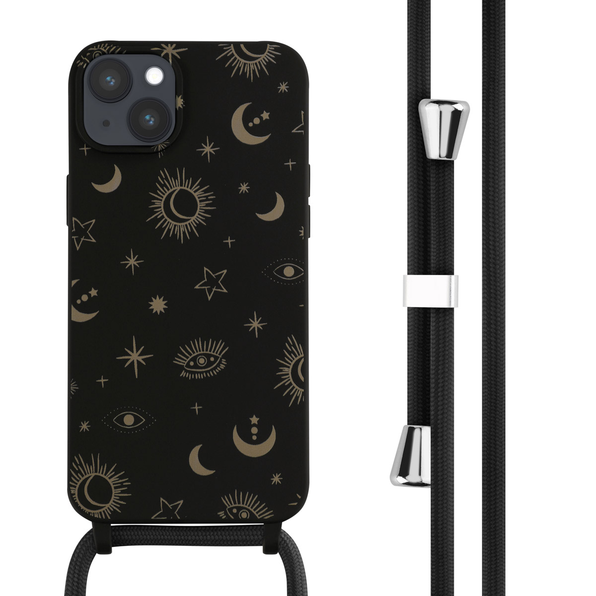 Zwarte telefoonhoes met gouden hemels ontwerp. Zwart koord met zilveren bevestigingen.