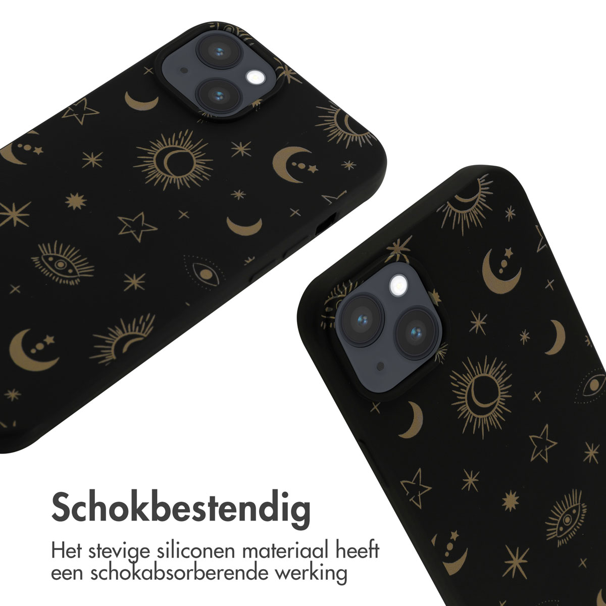 Twee zwarte telefoonhoesjes met gouden hemel- en oogpatronen.