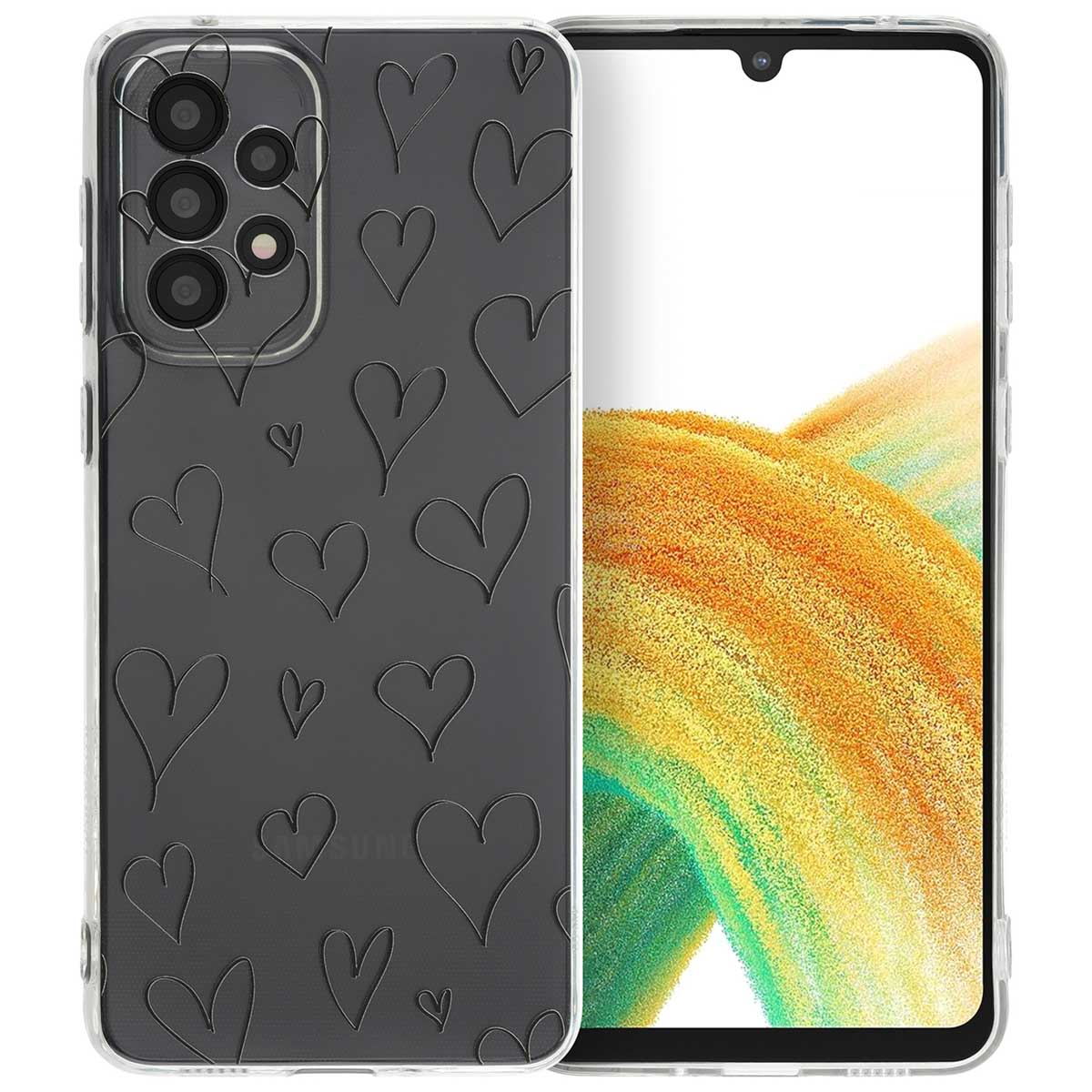 Une coque de téléphone transparente avec des cœurs en relief sur un smartphone.