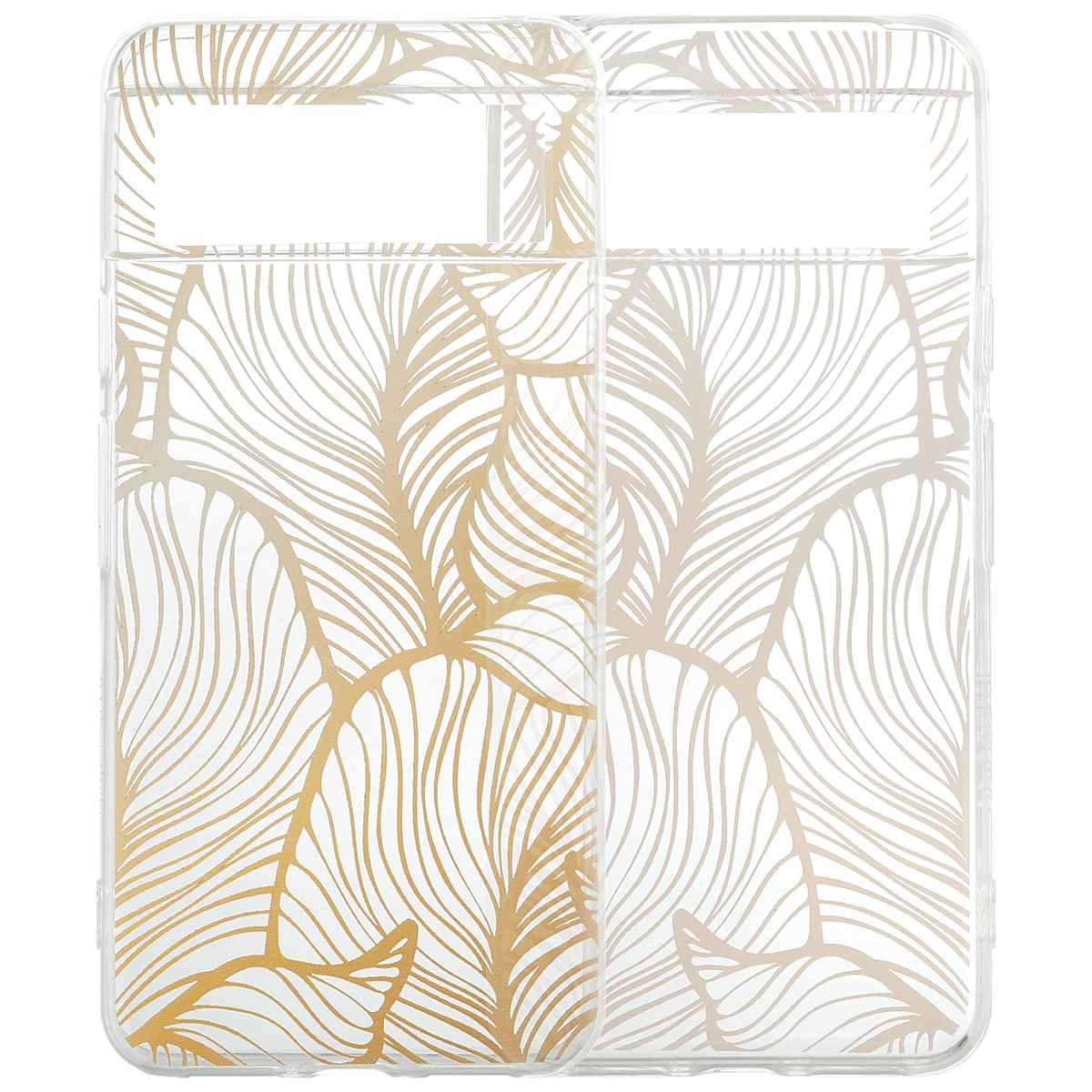 Zwei transparente Handyhüllen mit einem Muster aus goldenen Blättern auf weißem Hintergrund.