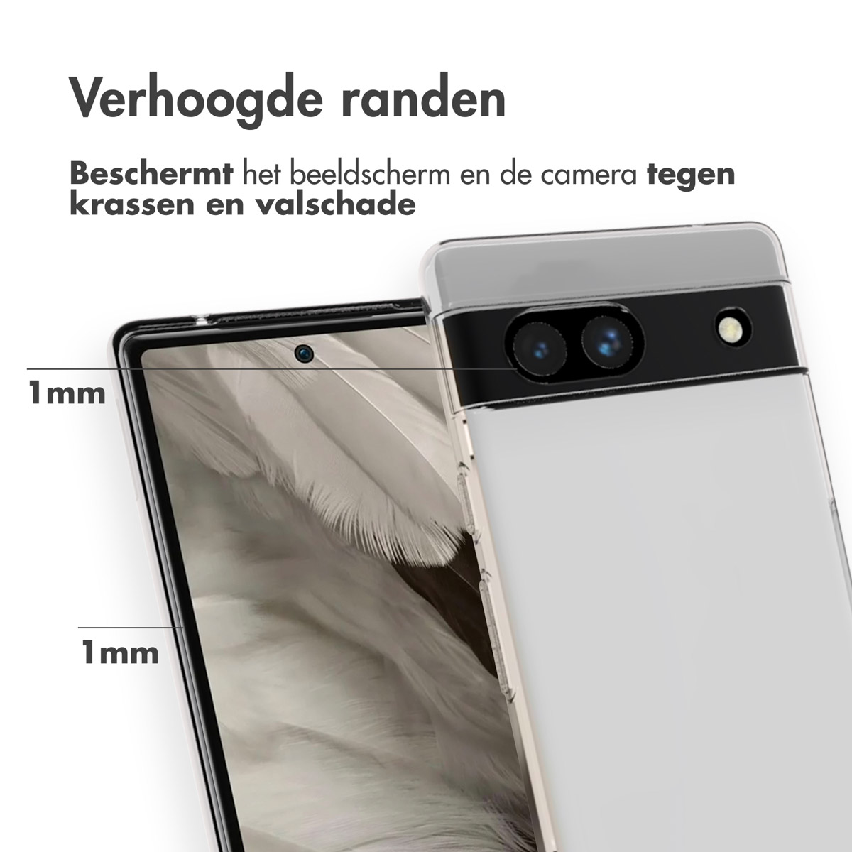 Transparant telefoonhoesje op een telefoon. De hoes heeft opstaande randen, die het scherm beschermen.