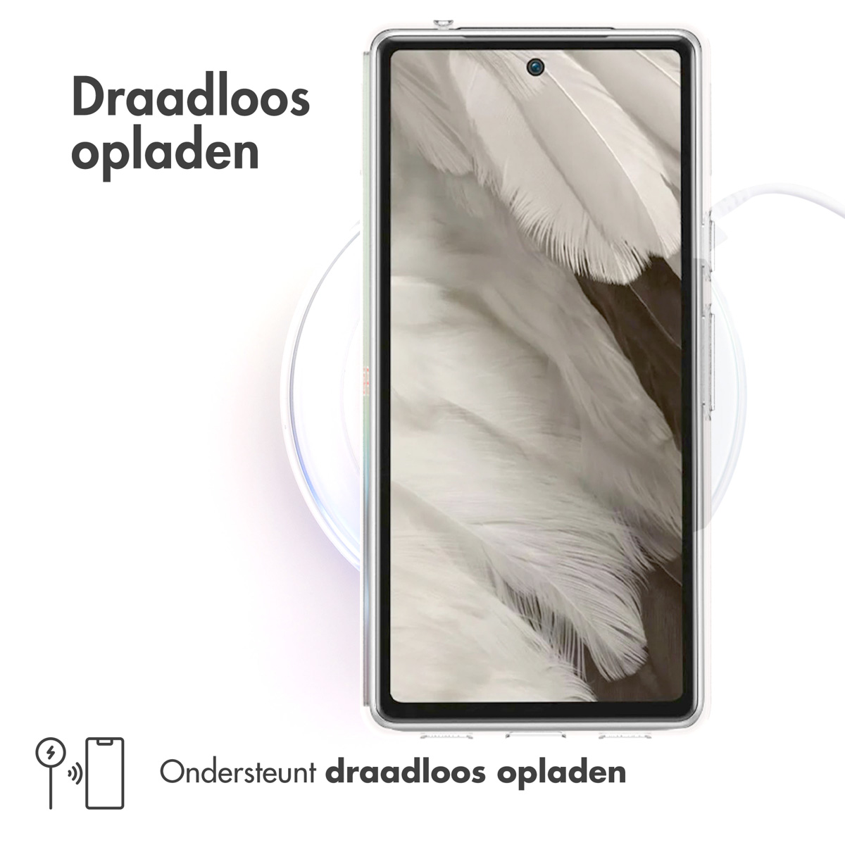 Telefoon op draadloze oplader. Tekst: Ondersteunt draadloos opladen.