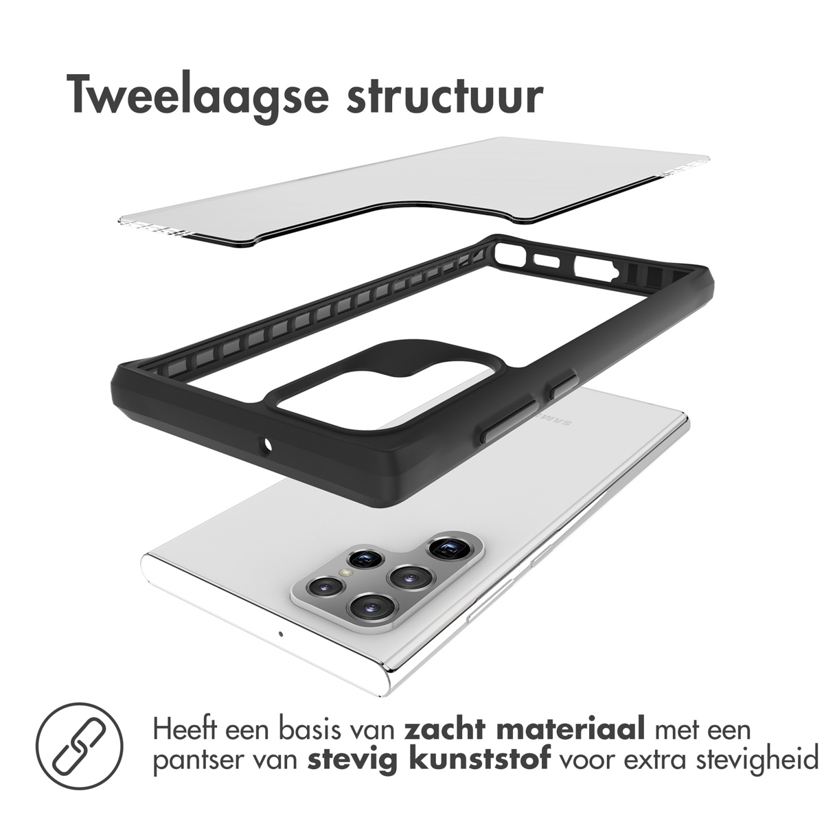 Explosietekening van een telefoonhoes met twee lagen boven een smartphone.