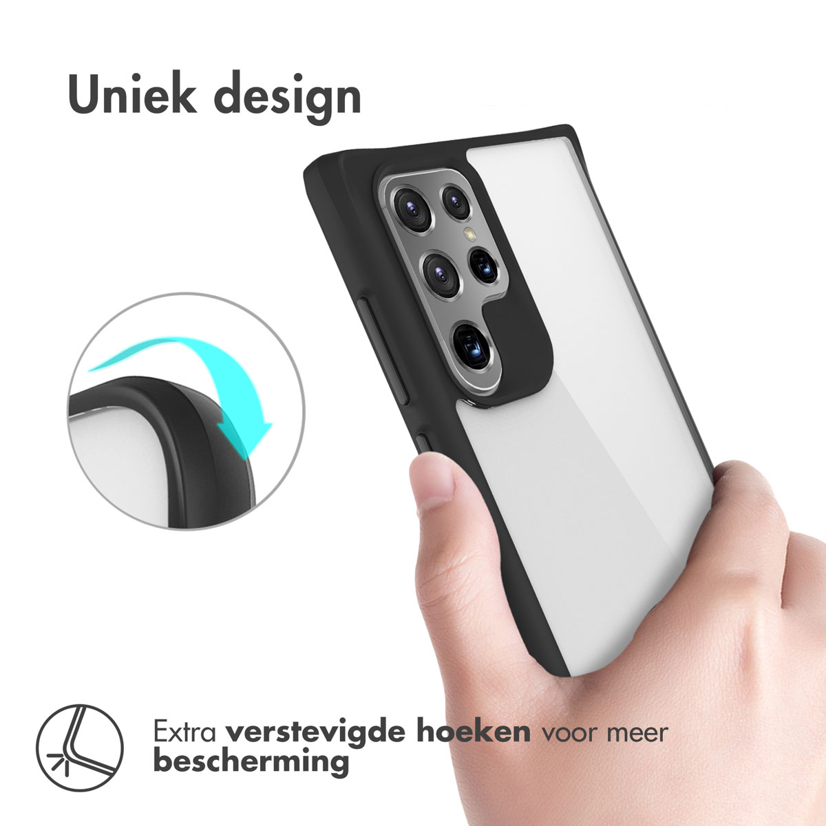 Zwarte telefoonhoes met doorzichtige achterkant die cameralens toont.