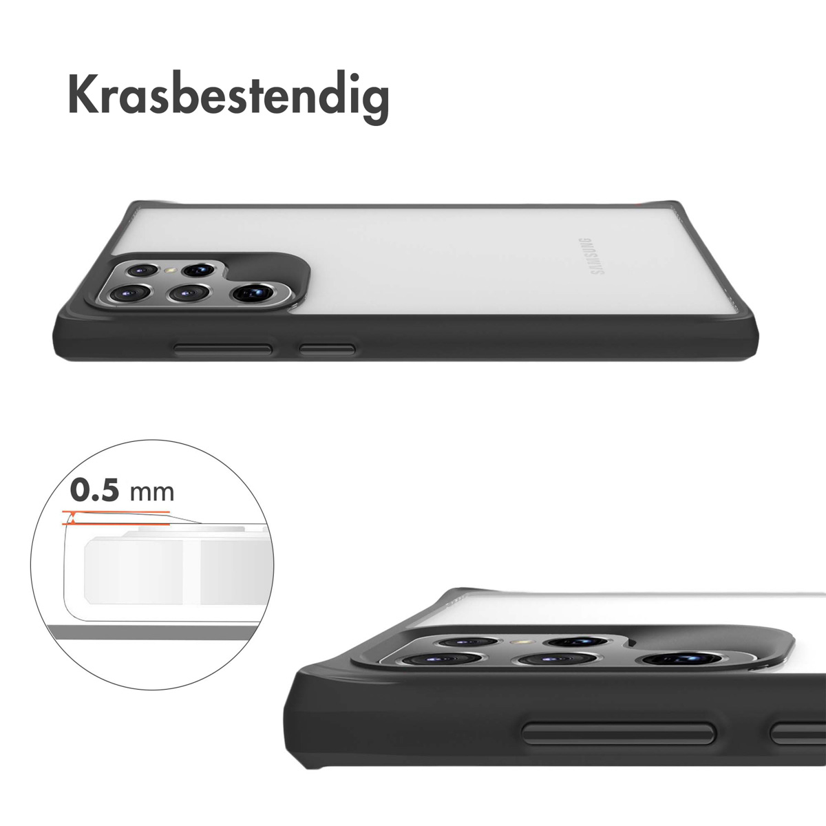 Krasbestendige telefoonhoes met zwart frame en doorzichtige achterkant.