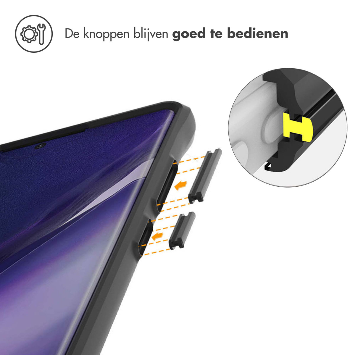Zwarte telefoonhoes met verwijderbare knopcovers en close-up van een gele H-vormige component.