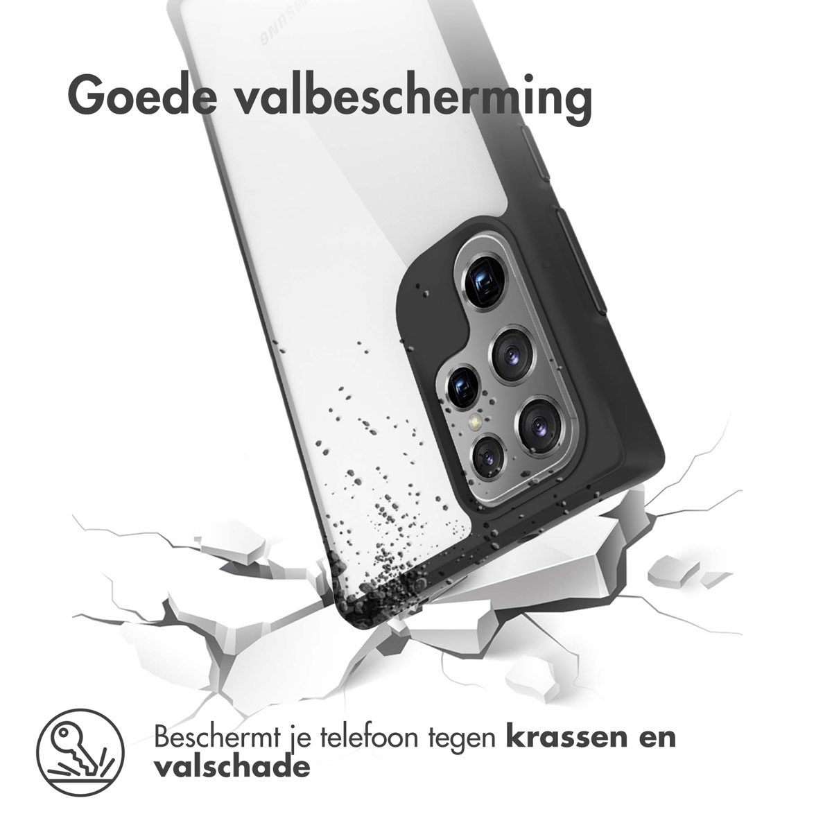 Een smartphone met zwart hoesje valt en breekt witte blokken.