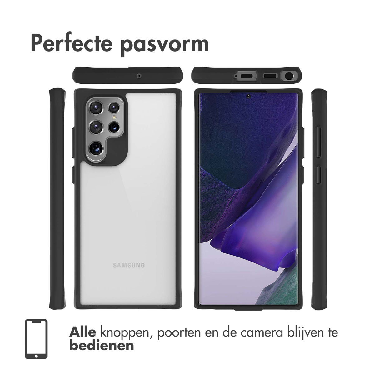 Een zwarte telefoonhoes set voor een Samsung smartphone, achter- en vooraanzicht.