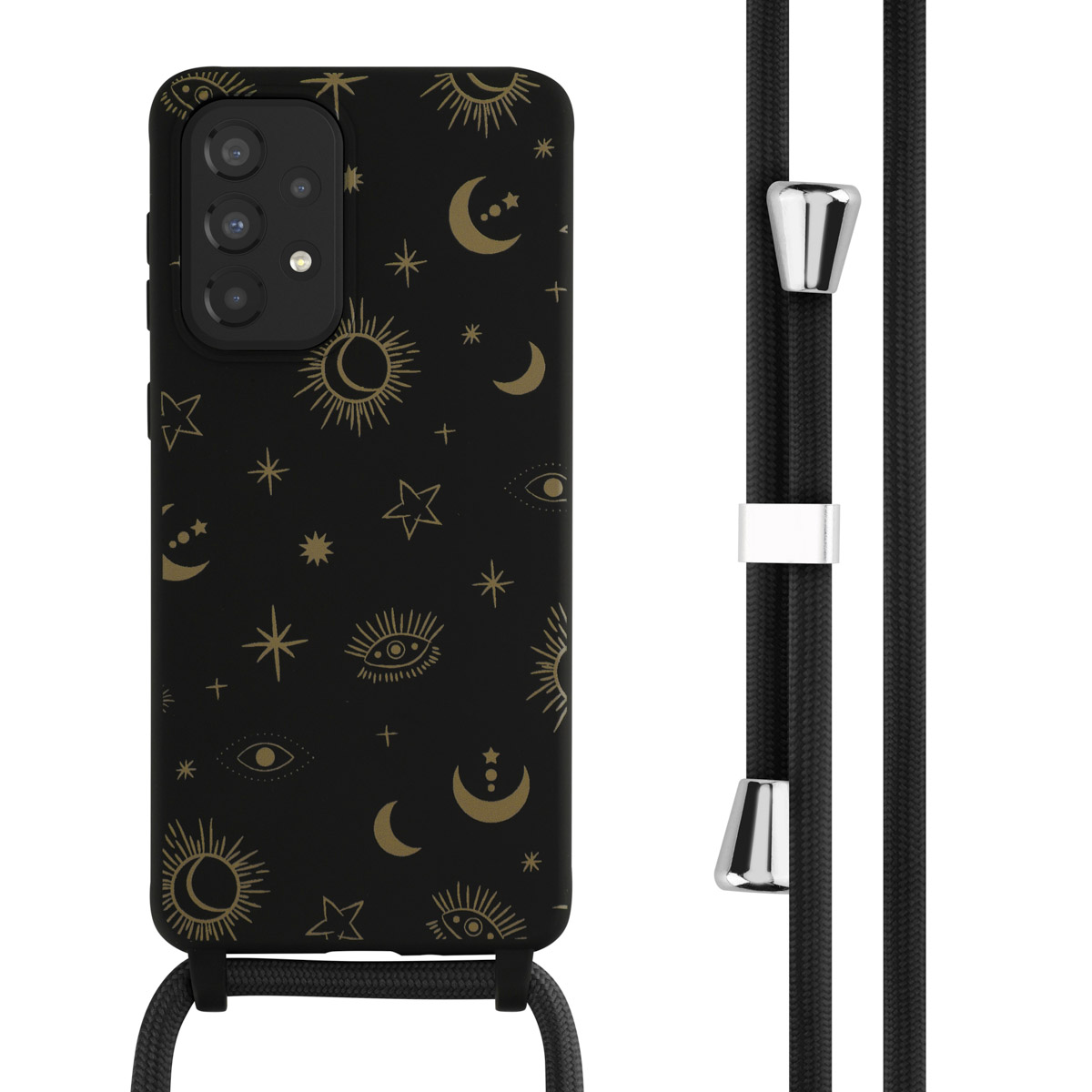 Coque noire avec motif céleste et cordon noir. Accents argentés sur le cordon.