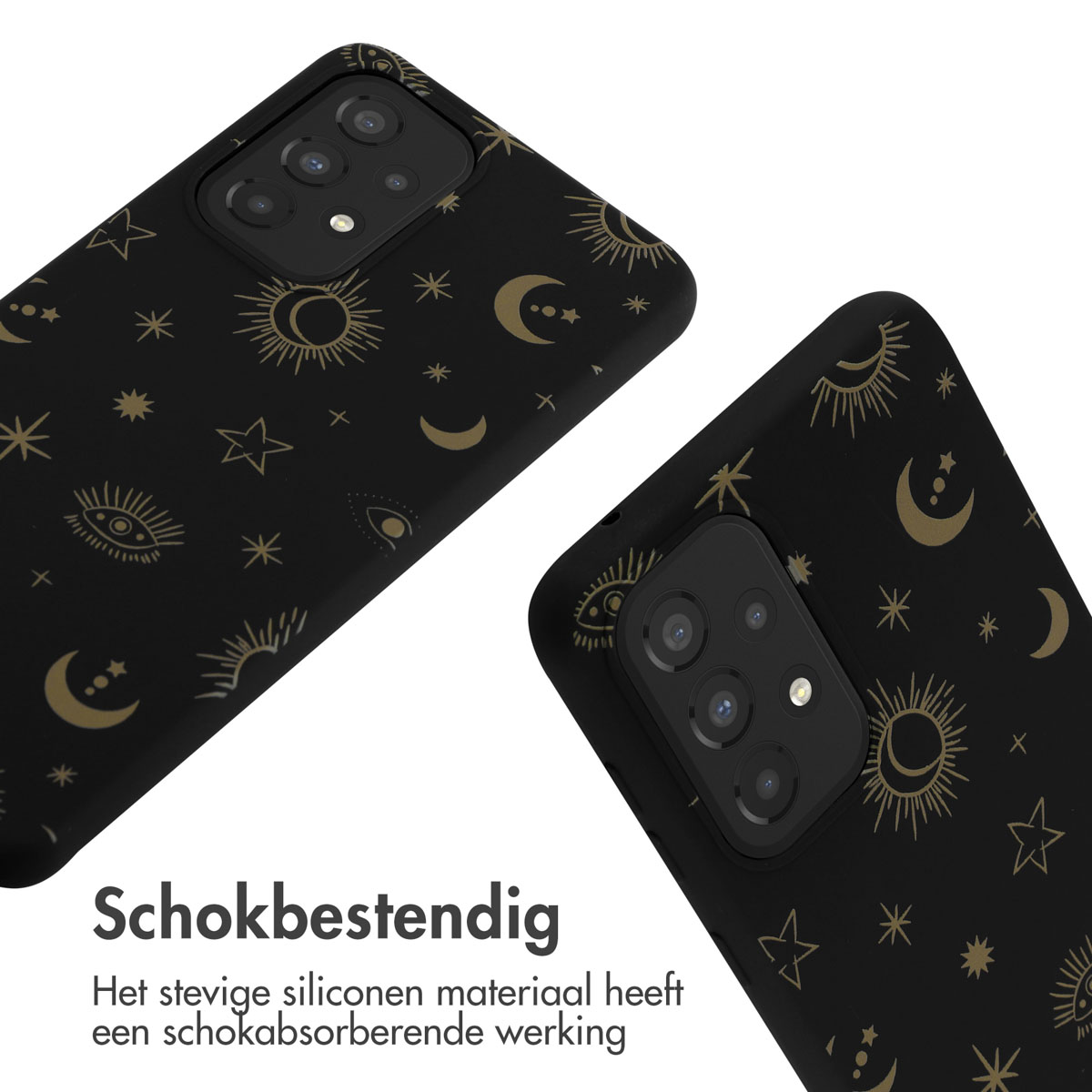 Coque de téléphone noire avec motif doré céleste et œil.