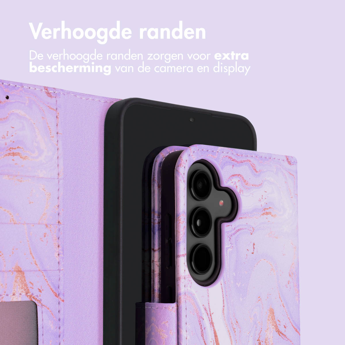 Custodia viola effetto marmo con bordi rialzati che proteggono uno smartphone.