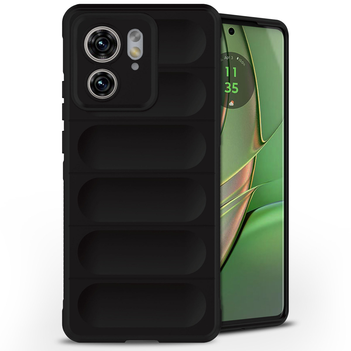 Coque de téléphone noire avec lignes horizontales et téléphone avec fond vert.