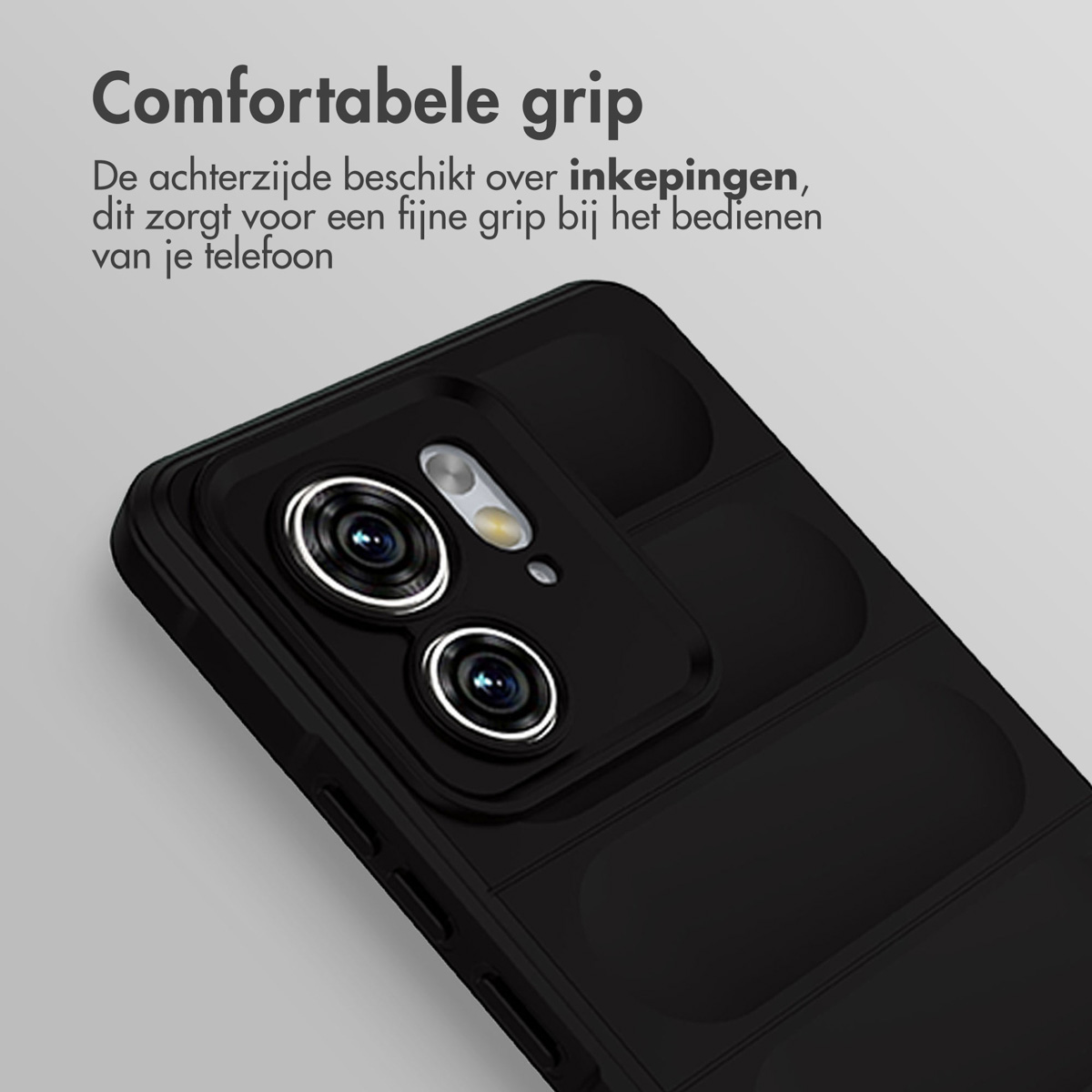 Coque de téléphone noire avec détails de l'appareil photo. Texte en néerlandais.
