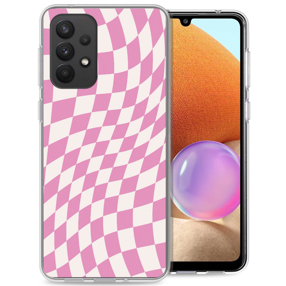 Coque de téléphone rose et blanche à damier ondulé sur un téléphone avec un fond orange.