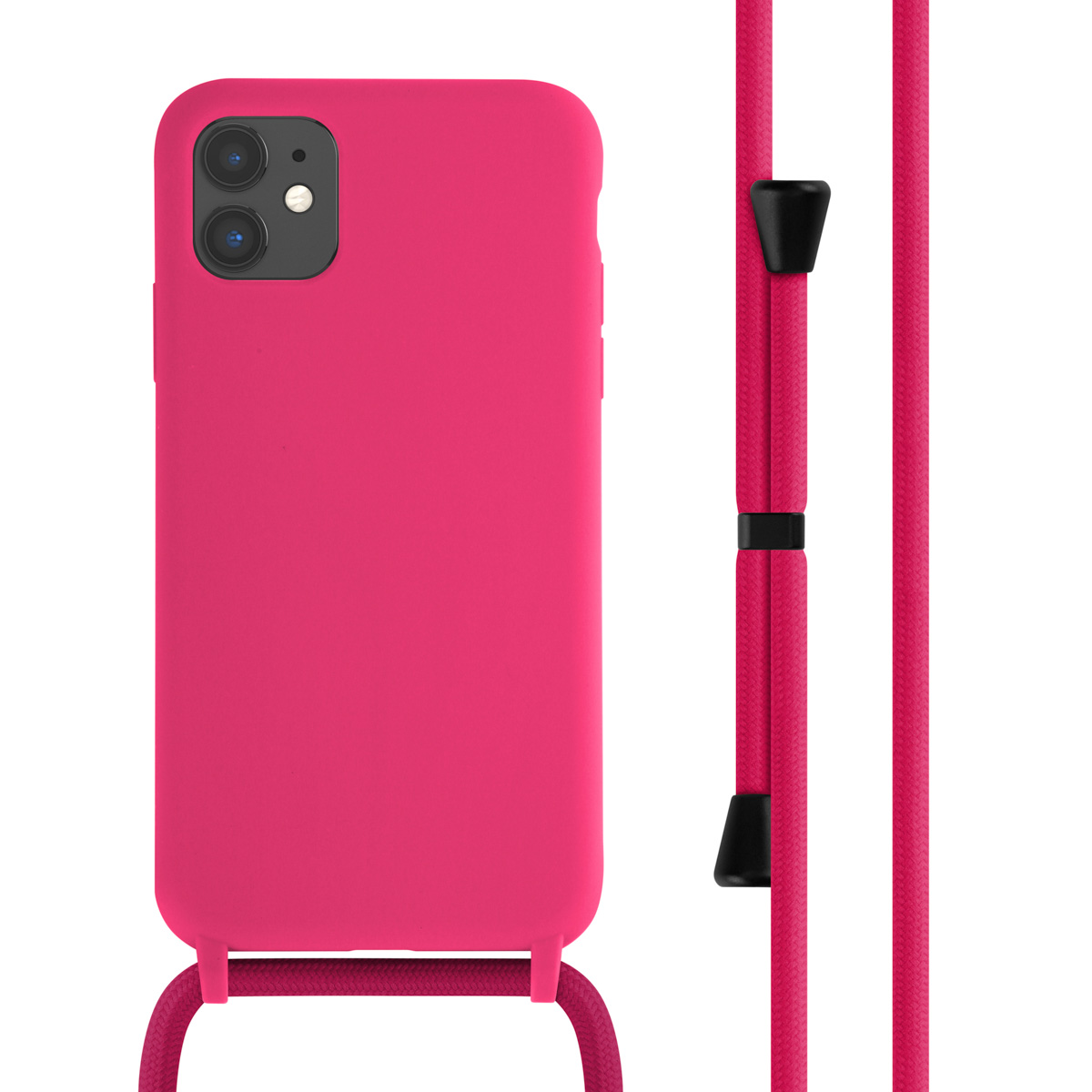 Roze telefoonhoesje met bijpassend koord. Het koord heeft zwarte en roze details.