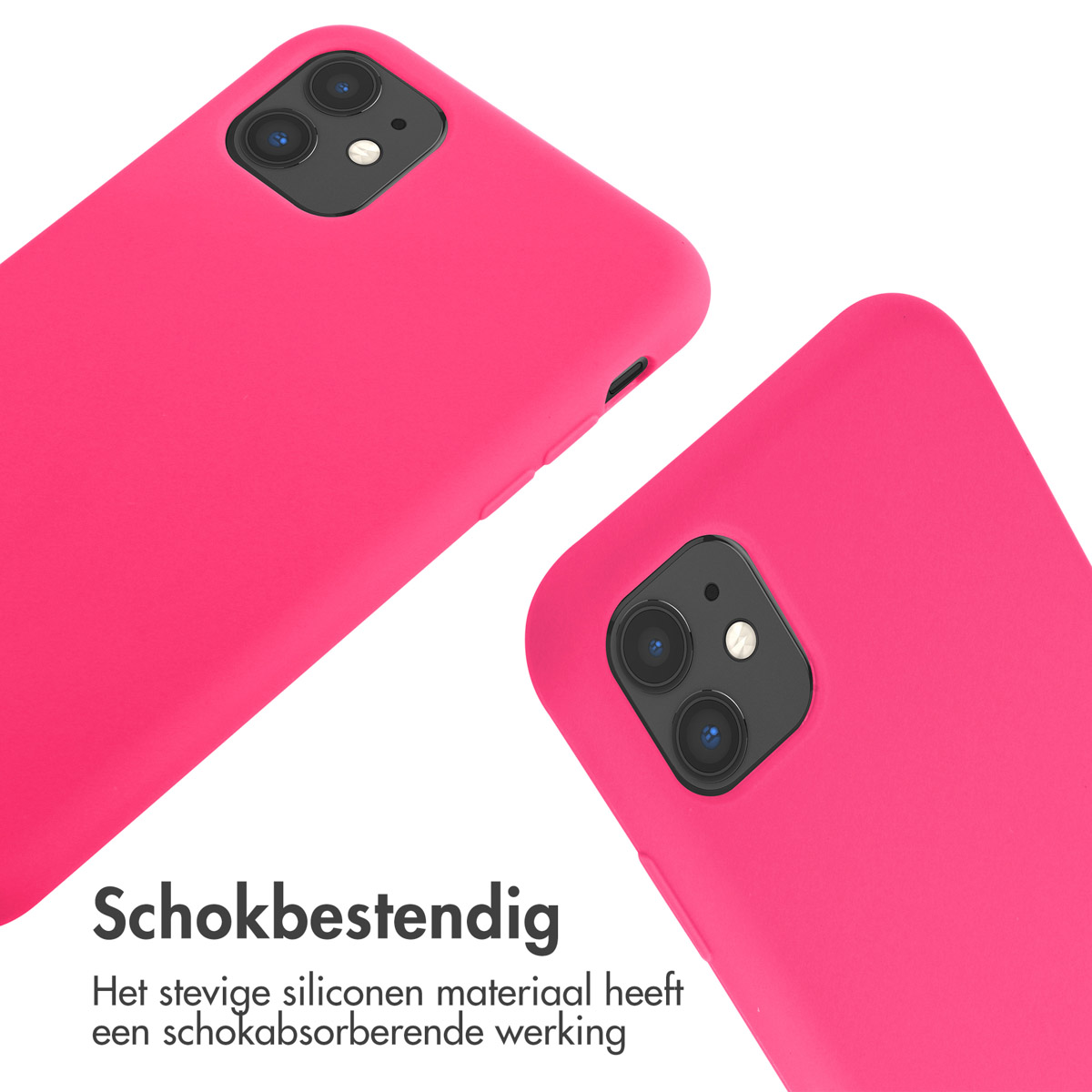 Twee roze telefoonhoesjes. Tekst: Schokbestendig.