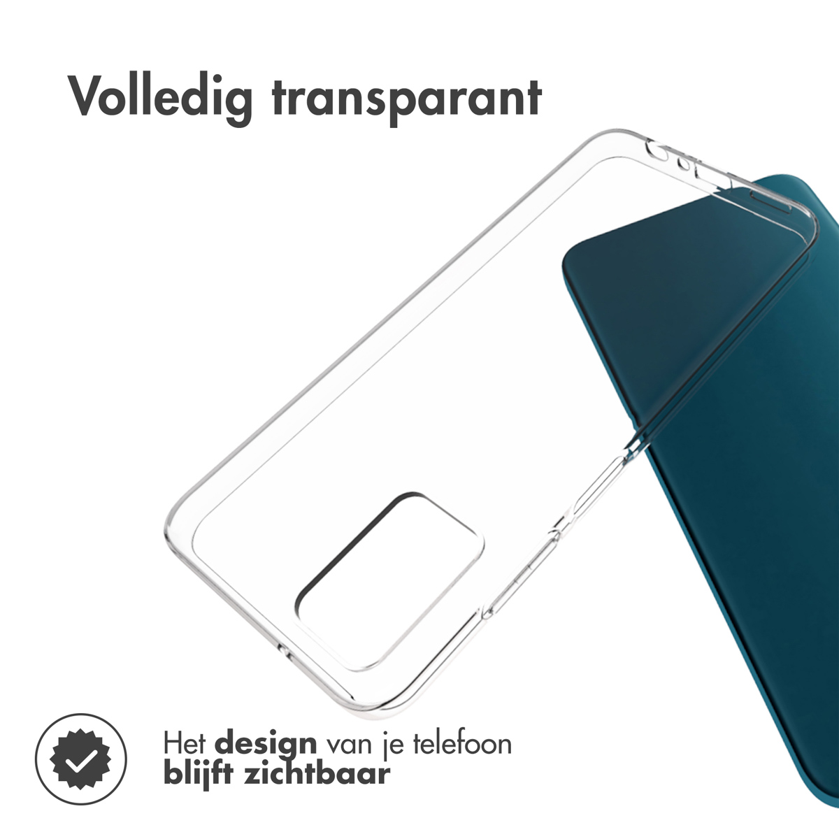 Custodia trasparente per telefono su un telefono blu, con testo 'Completamente trasparente'.