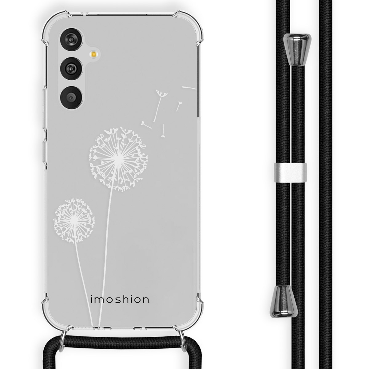 Transparante telefoonhoes met paardenbloemontwerp en lanyard, witte achtergrond.