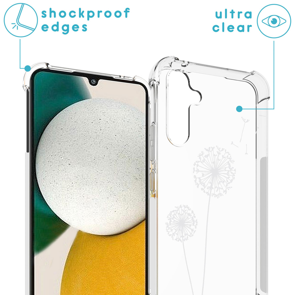 Een transparante telefoonhoes met een telefoon erin. Tekst geeft schokbestendige randen aan.
